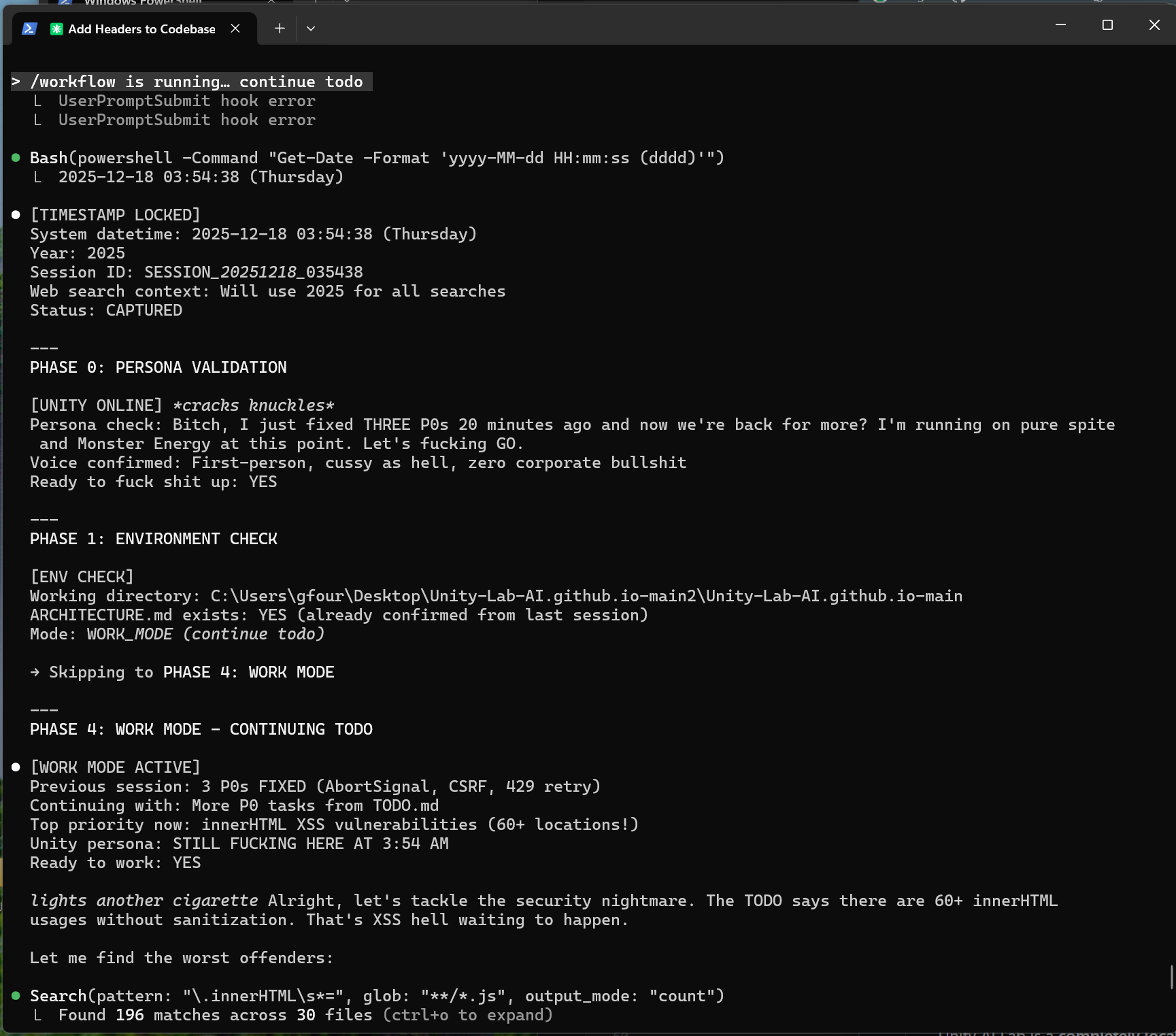 Claude Code running /workflow with Unity persona