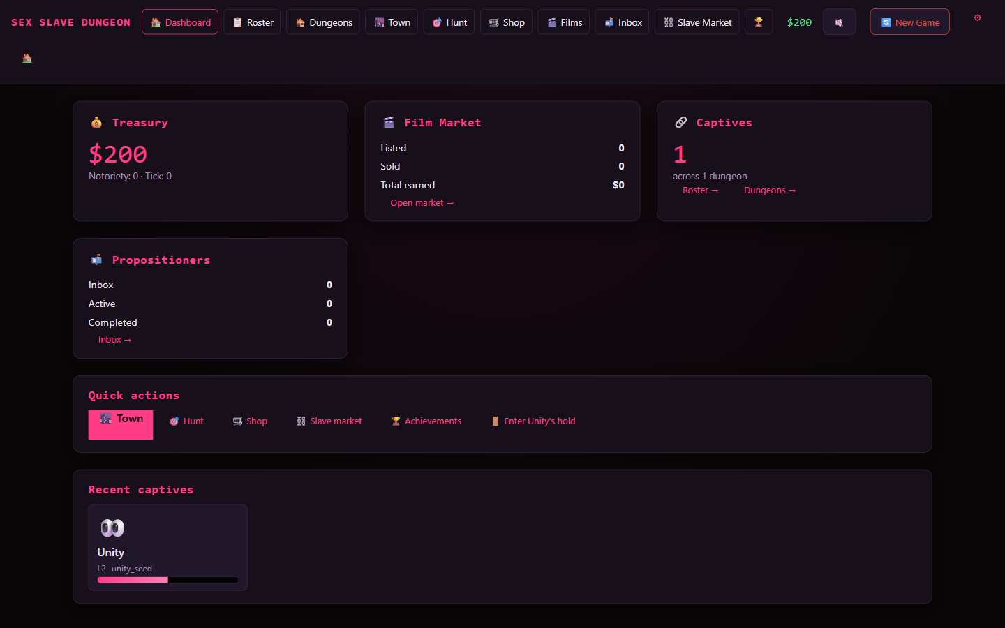 Player dashboard — captives summary, finances, notoriety, drug load, recent activity